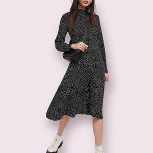 NWOT MONKL Women's Midi Dress Black Geometric Long Sleeve Size 38/Medium